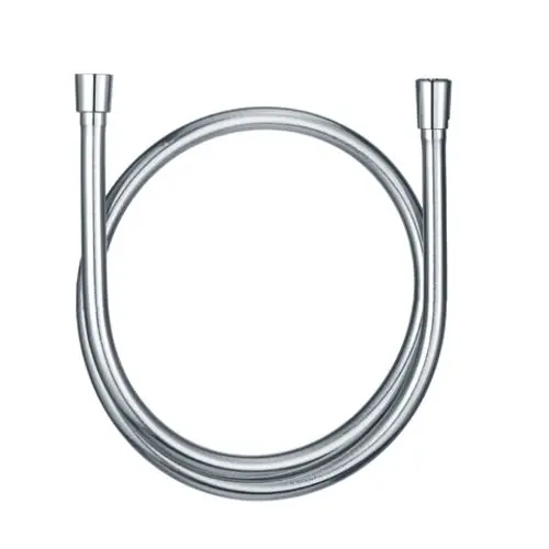 Brauseschlauch von Kludi in silberner Metalloptik, mit zwei konischen Muttern, schlangenförmig gebogen, für den Einsatz in sanitären Anlagen.